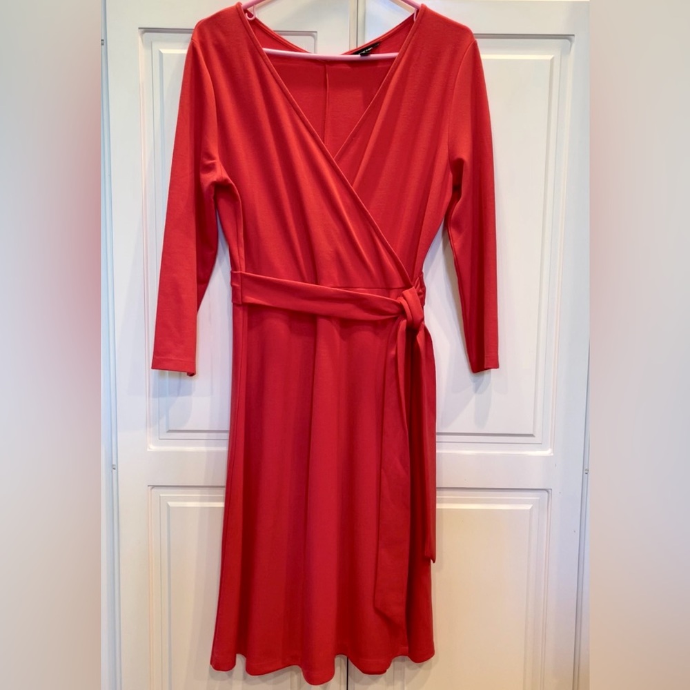 Lands’ End Coral Red Faux Wrap Dress, size 6-8